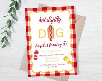 Editable Hot Dog Party Invitation | Hot Diggity Dog Birthday Party Invite | Picnic Backyard BBQ Printable Invitation