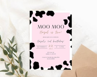 Moo Moo I’m Two Birthday Invitation, Girl Cow Birthday Invitation, Editable Cow 2nd Birthday Digital Template, Pink Minimalist Cow Invite