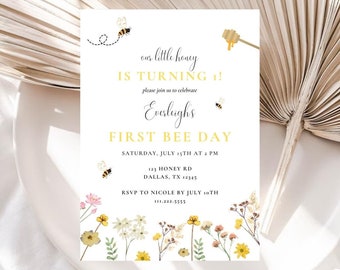 First Bee Day Editable Invitation | Bee First Birthday Invitation | Our Little Honey Invite | Honey Bee Invite | Floral Bee Birthday