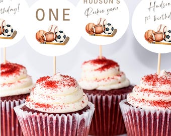 Editable Rookie Year 1st Birthday Cupcake Toppers | Minimalist Multi Sports Theme First Bday Dessert Toppers | Modern Watercolor Sports