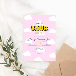 Girl Reach Four The Sky Editable Birthday Invitation | Toy Story 4th Birthday Invitation | Girl Pink Toy Story Template | Reach 4 The Sky