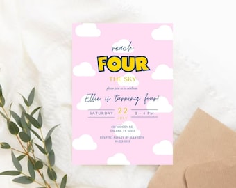 Girl Reach Four The Sky Editable Birthday Invitation | Toy Story 4th Birthday Invitation | Girl Pink Toy Story Template | Reach 4 The Sky