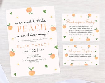 Peach Baby Shower Editable Invite Bundle | A Sweet Little Peach Is On The Way | Sweet As A Peach Templates | Diaper Raffle | Books For Baby