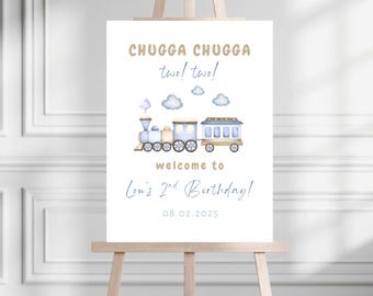 Panneau de bienvenue modifiable anniversaire train | Chugga Chugga Two Plaque de bienvenue pour deux anniversaires | Panneau de bienvenue pour l'anniversaire « Tous à bord » | Panneau Bday Express