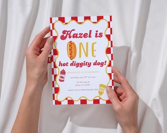 One Hot Diggity Dog Birthday Invitation | Hot Dog First Birthday Invite | BBQ Cookout Party | Editable Template