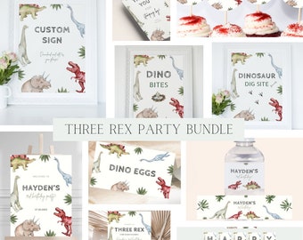 Bewerkbare drie Rex verjaardagsfeestje uitnodiging bundel | Afdrukbare dinosaurusfeestbundel | Dino-feestdecoratie | Drie Rex feestdecor