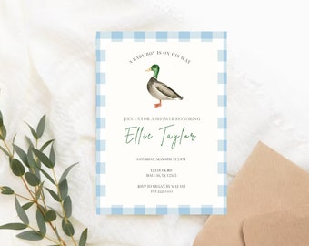 Editable Mallard Duck Baby Shower Invitation | Duck Boy Baby Shower Template | Instant Download | Hunting Theme Baby Shower | Blue Gingham