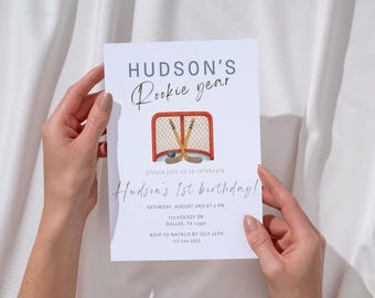 Hockey Rookie Year 1st Birthday Invitation | Editable Minimalist Hockey Theme Invite | Modern Watercolor Sports Party Printable Template