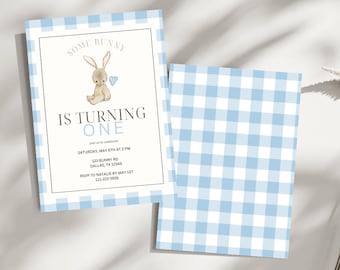 Blue Some Bunny Is Turning One Editable Invitation | Minimalist Bunny 1st Birthday Invite | Instant Download | Blue Checkered Template