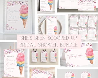 She’s Been Scooped Up Bridal Shower Template Bundle | Pastel Ice Cream Themed Bridal Shower Editable Party Bundle