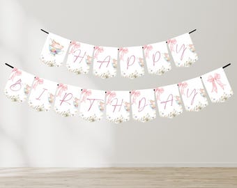 Tea Party Theme Birthday Banner Flags | Girl Happy Birthday Tea Theme Editable Banner | Floral Bow Pink Blue Tea Party Printable Banner