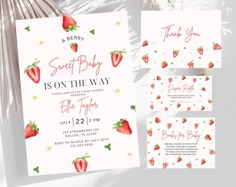 May include: A baby shower invitation with a strawberry theme. The invitation features a red and white strawberry pattern, the text "A Berry Sweet Baby Is On The Way", and the name "Ellie Taylor".
