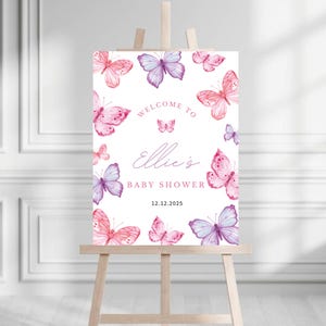 Editable Butterfly Baby Shower Welcome Sign | A Little Butterfly Is On The Way Shower Sign | Purple Butterfly Baby Shower Editable Template