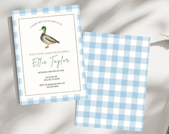 Editable Mallard Duck Baby Shower Invitation | Duck Boy Baby Shower Template | Double Sided Invite | Hunting Theme Shower | Blue Gingham