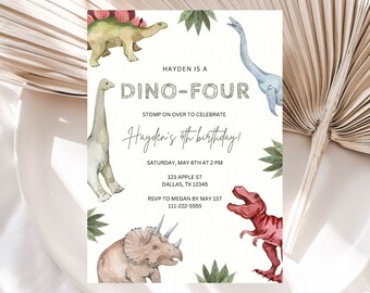 Dino-Four Invitation | Dinosaur Birthday Template | Rawr I’m Four Invite | Instant Download | Editable Template
