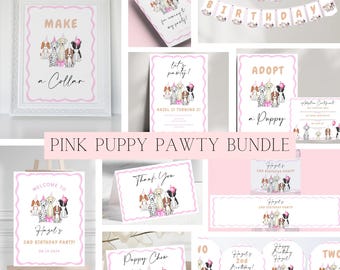 May include: Pink and gold printable party decorations for a puppy-themed birthday party. The set includes a welcome sign, thank you card, invitation, adopt a puppy sign, cupcake toppers, and a banner that says "Happy Birthday".