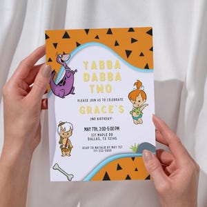 Modelo de convite para dois aniversários de Yabba Dabba, download digital, convite de aniversário dos Flintstones Laranja, convite de aniversário dos Seixos, modelo editável