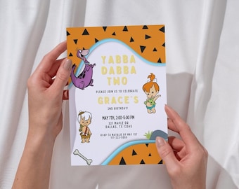 Plantilla de invitación de cumpleaños Yabba Dabba Two, descarga digital, invitación de cumpleaños de Los Picapiedra Naranja, invitación de cumpleaños de Pebbles, plantilla editable