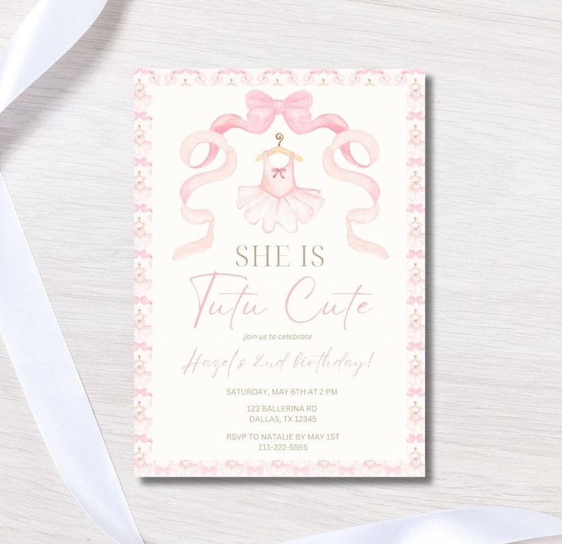 May include: Pink and gold birthday invitation with a watercolor illustration of a tutu and a bow. The text reads "She is Tutu Cute" and "Join us to celebrate [Name]'s 2nd birthday!" with details for the event.