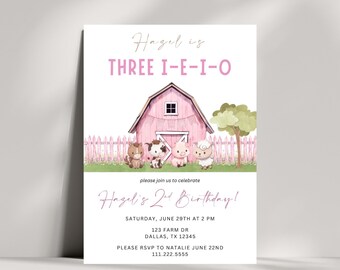 Rosa Drei-I-E-I-O Geburtstagseinladung | Bearbeitbar Bauernhof Tiere Geburtstagseinladen | 3rd Bday Einladen Bauernhof Tier Thema | Traktor Farm Vorlage