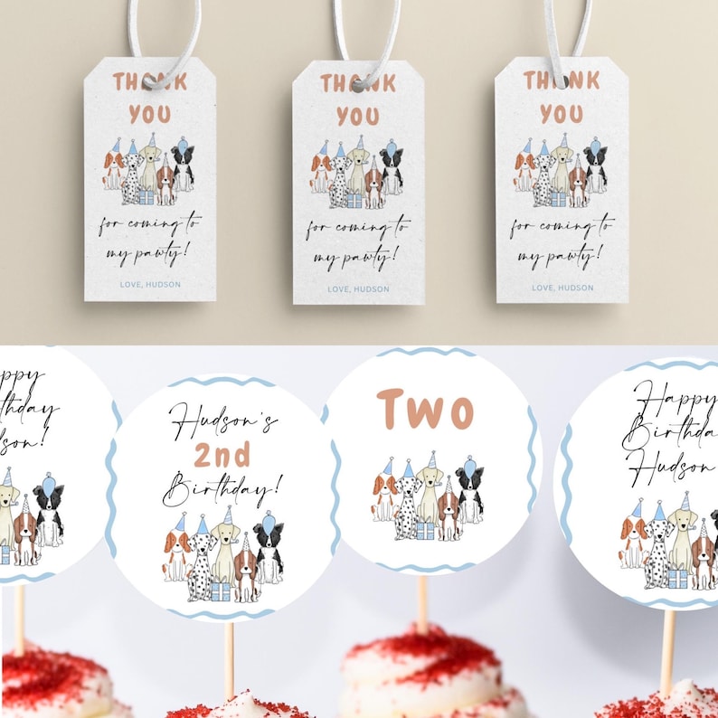 Peut inclure: Un ensemble de d&eacute;corations de f&ecirc;te imprimables repr&eacute;sentant un groupe de chiens portant des chapeaux de f&ecirc;te. Les d&eacute;corations comprennent des d&eacute;corations de cupcakes avec le texte "Hudson's 2nd Birthday!" et "Two", ainsi que des &eacute;tiquettes de remerciement qui disent "Merci d'&ecirc;tre venu &agrave; ma f&ecirc;te ! Avec amour, Hudson".