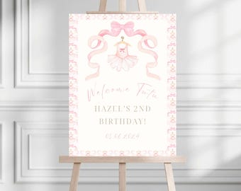 Ela é Tutu Placa de boas-vindas de aniversário fofa | Placa de boas-vindas de aniversário com tema de bailarina | Placa de aniversário de tutu com laço rosa | Decoração de festa de bailarina