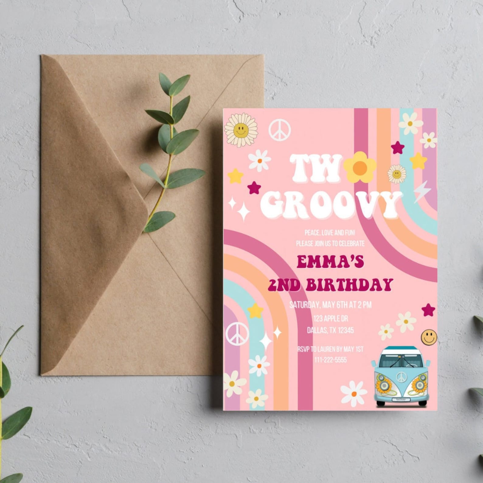 Two Groovy Invitation, Hippie Birthday Invitation, Instant Download ...