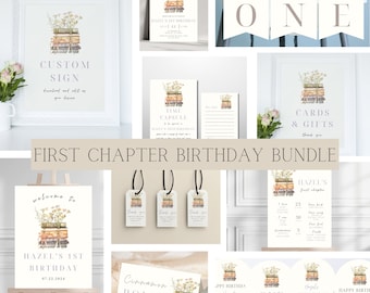 Storybook First Chapter Birthday Party Bundle | Book Themed First Birthday Editable Party Bundle | Storybook 1st Birthday Template Bundle