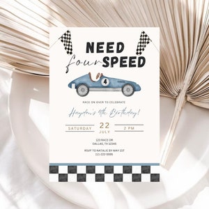 Need Four Speed Editable Birthday Invitation | Need 4 Speed Invite | Race Car Fourth Birthday Invite | Vintage Race Car Invite | Evite