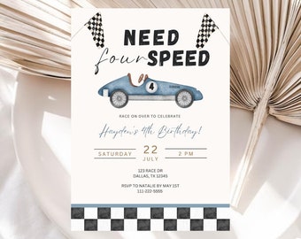 Necesita invitación de cumpleaños editable de cuatro velocidades / Necesita invitación de 4 velocidades / Invitación de cuarto cumpleaños de coche de carreras / Invitación de coche de carreras vintage / Evite