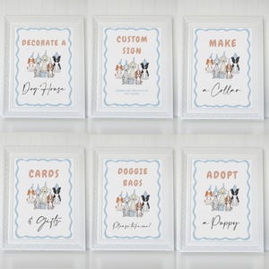Peut inclure: Six pancartes imprimables avec une bordure bleue et blanche et un fond p&ecirc;che. Chaque pancarte repr&eacute;sente un groupe de chiens de dessin anim&eacute; portant des chapeaux de f&ecirc;te et tenant des cadeaux. Les pancartes portent le texte suivant : "D&eacute;corer une maison de chien", "Panneau personnalis&eacute;", "Faire un collier", "Cartes et cadeaux", "Sacs &agrave; chien" et "Adopter un chiot".