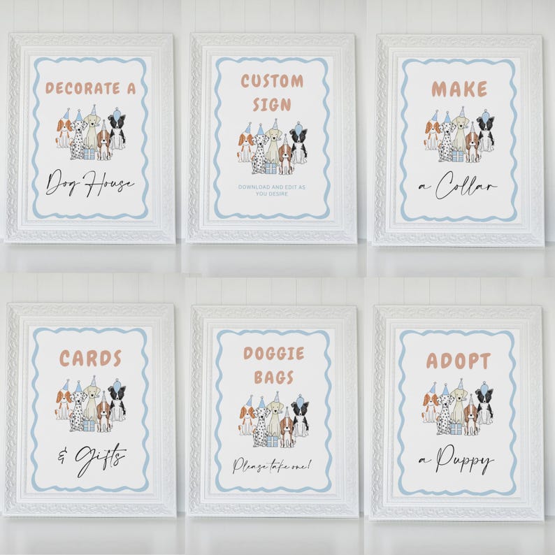 Peut inclure: Six pancartes imprimables avec une bordure bleue et blanche et un fond p&ecirc;che. Chaque pancarte repr&eacute;sente un groupe de chiens de dessin anim&eacute; portant des chapeaux de f&ecirc;te et tenant des cadeaux. Les pancartes portent le texte suivant : "D&eacute;corer une maison de chien", "Panneau personnalis&eacute;", "Faire un collier", "Cartes et cadeaux", "Sacs &agrave; chien" et "Adopter un chiot".