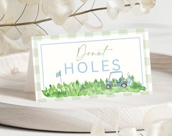 Golf Theme Food Tent Label | Hole In One Birthday Food Label | Masters Golf Party Printable Food Label | Preppy Green Gingham Golf Template