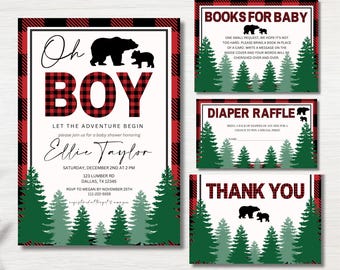 Pacote de convites para chá de bebê Lumberjack | Pacote de chá de bebê Buffalo Plaid Boy editável | Sorteio de fraldas Lumberjack | Livros para bebês