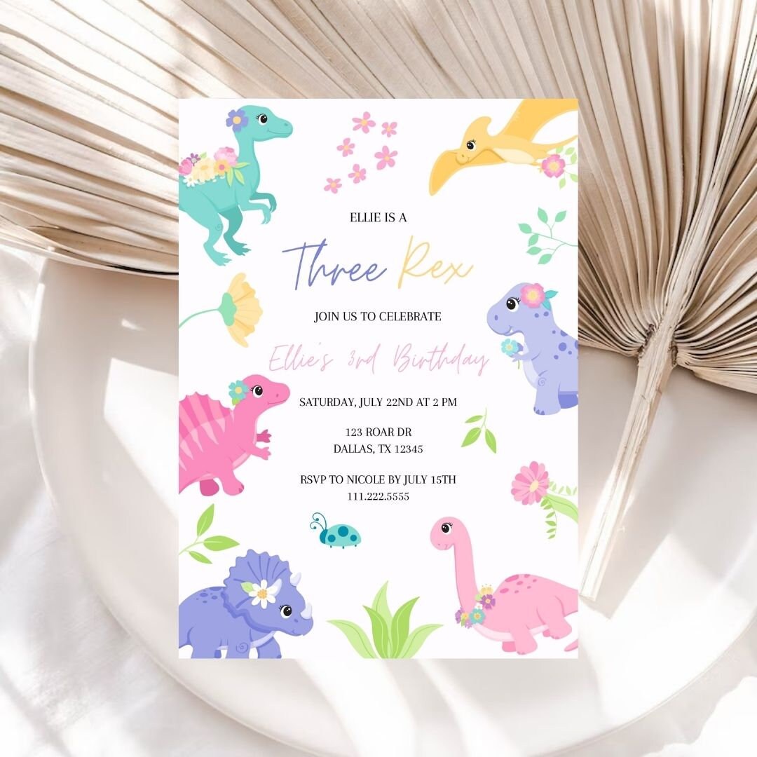 Girl Dinosaur Birthday Invitation Girl Three Rex Invitation Etsy