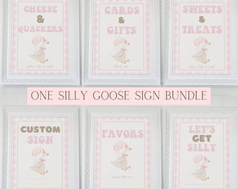 Pink Silly Goose Editable Party Table Signs | Goose Theme Birthday Custom Table Signs | Pink Gingham One Silly Goose Printable Party Signs