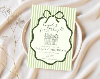First Chapter Birthday Invitation | Editable Storybook 1st Birthday Invite | One For The Books | Whimsical Bow Book Themed 1st Bday Template