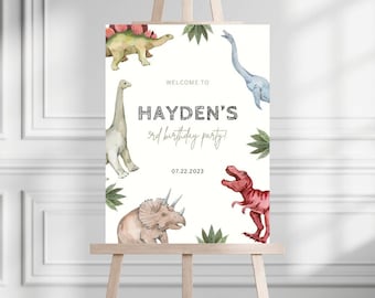 Welkomstbord van Three-Rex | Bewerkbare dinosaurus verjaardag welkom teken | T-Rex verjaardag welkom teken | Decor van het feest van de dinosaurus | Thee Rex partij teken