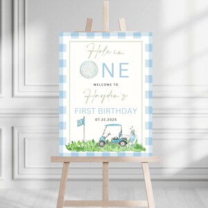 Hole In One 1st Birthday Welcome Sign | Editable Golf 1st Birthday Welcome Sign | Preppy Golf Bday Template | Blue Gingham Golf Party Sign