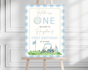 Hole In One 1st Birthday Welcome Sign | Editable Golf 1st Birthday Welcome Sign | Preppy Golf Bday Template | Blue Gingham Golf Party Sign