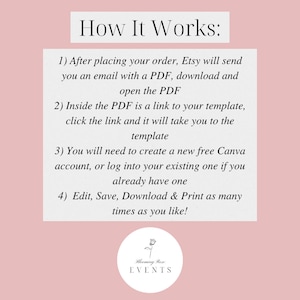 May include: Pink background with white text explaining how to use a digital template. The text says "How It Works:" and lists four steps. The text includes the words "Etsy", "PDF", "Canva", "Edit", "Save", "Download", and "Print". The text is followed by a logo with the words "Blooming Rose EVENTS".