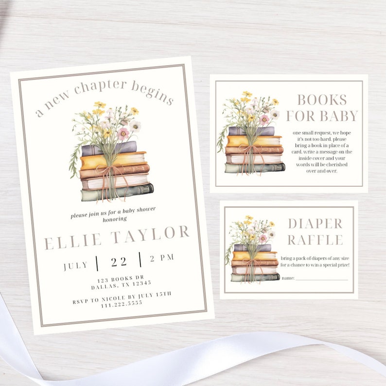 Editable Book Themed Baby Shower Invitation Bundle | Storybook Baby Shower Editable Templates | A New Chapter Begins | Babys First Book Club image 2