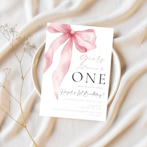 Editable Girls Just Wanna Be One Birthday Invitation | Pink Bow First Birthday Invite | Preppy Coquette Pink Bow Birthday Invitation
