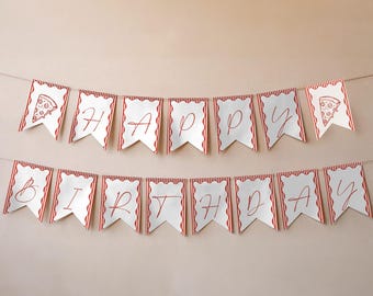 Pizza Theme Birthday Banner | Editable Pizza Party Happy Birthday Banner | Red Stripes Whimsical Hand Drawn Pizza Party Banner Flags