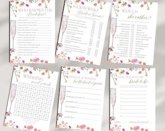 Editable Petals And Prosecco Bridal Shower Games | Pink Floral Bridal Shower Games Bundle | Bridal Shower Games And Activities Sheets
