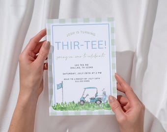 Golf Thir-Tee Geburtstagsparty einladen | Bearbeitbare Golf Themed 30. Geburtstagseinladung | 30 Jahre Golf Geburtstagsvorlage mit modernem Karomuster