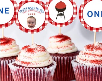 Sweet Baby Rays BBQ Birthday Cupcake Toppers | Editable Backyard BBQ Birthday Dessert Toppers | Cookout Party Decor