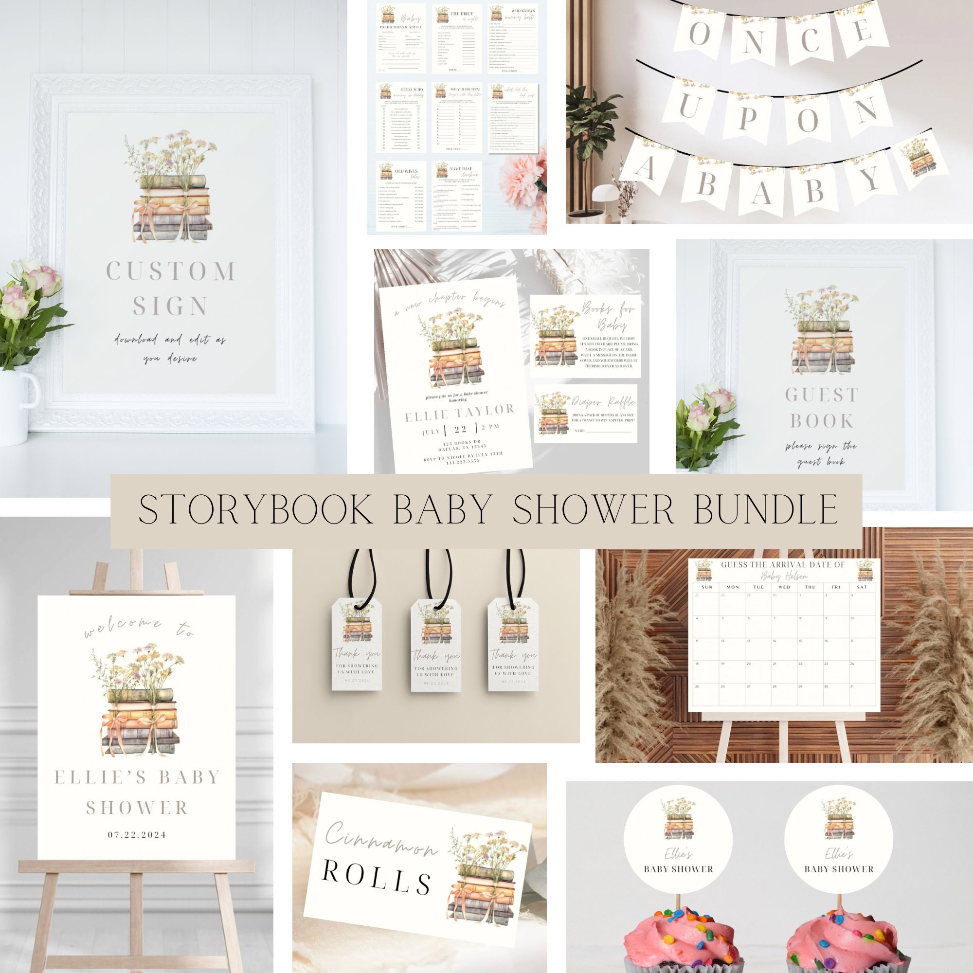 Storybook Baby Shower Template Bundle | Book Themed Baby Shower Editable Party Bundle | A New Chapter Is About To Begin | Neutral Shower Set
