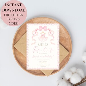 May include: A pink and gold birthday invitation with a watercolor illustration of a tutu and a bow. The text reads "She is Tutu Cute" and "Join us to celebrate Hazel's 2nd birthday!"