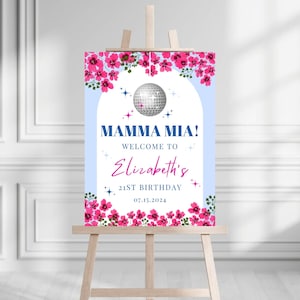 Letrero de bienvenida de cumpleaños editable de Mamma Mia / Disco de Mamma Mia / Letrero de bienvenida de cumpleaños griego azul y blanco / Reina del baile